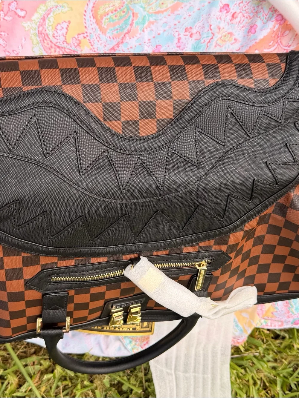 Sprayground Brown Checkerboard Duffel with Black Trim and Gold Hardware